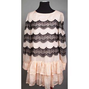 Peach / pink chiffon and black lace stripe dress